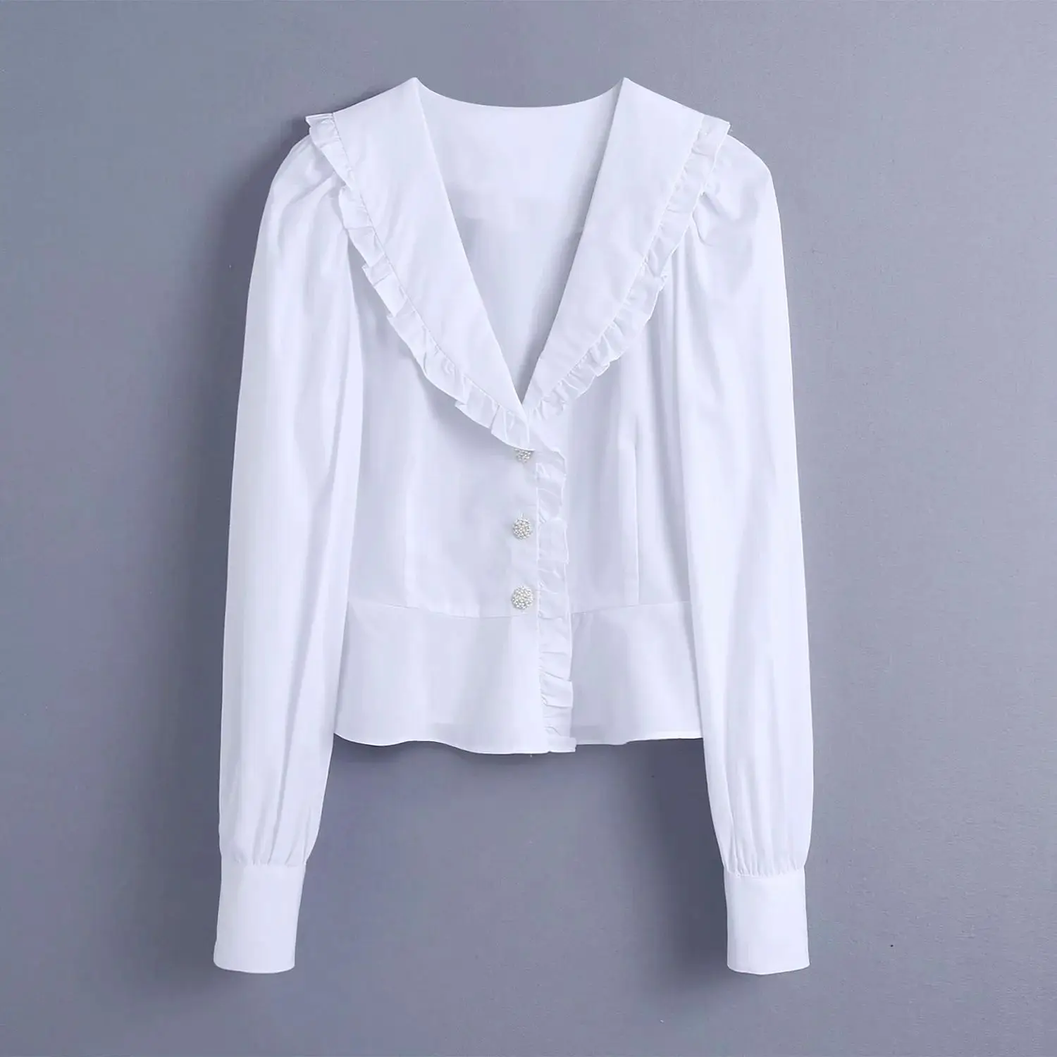 

2021 New Women Blouse Shirt Gem Buttons Ruffled Collar Long Sleeves Elegant Casual Fashion Chic Lady Woman Blouse Shirt Tops