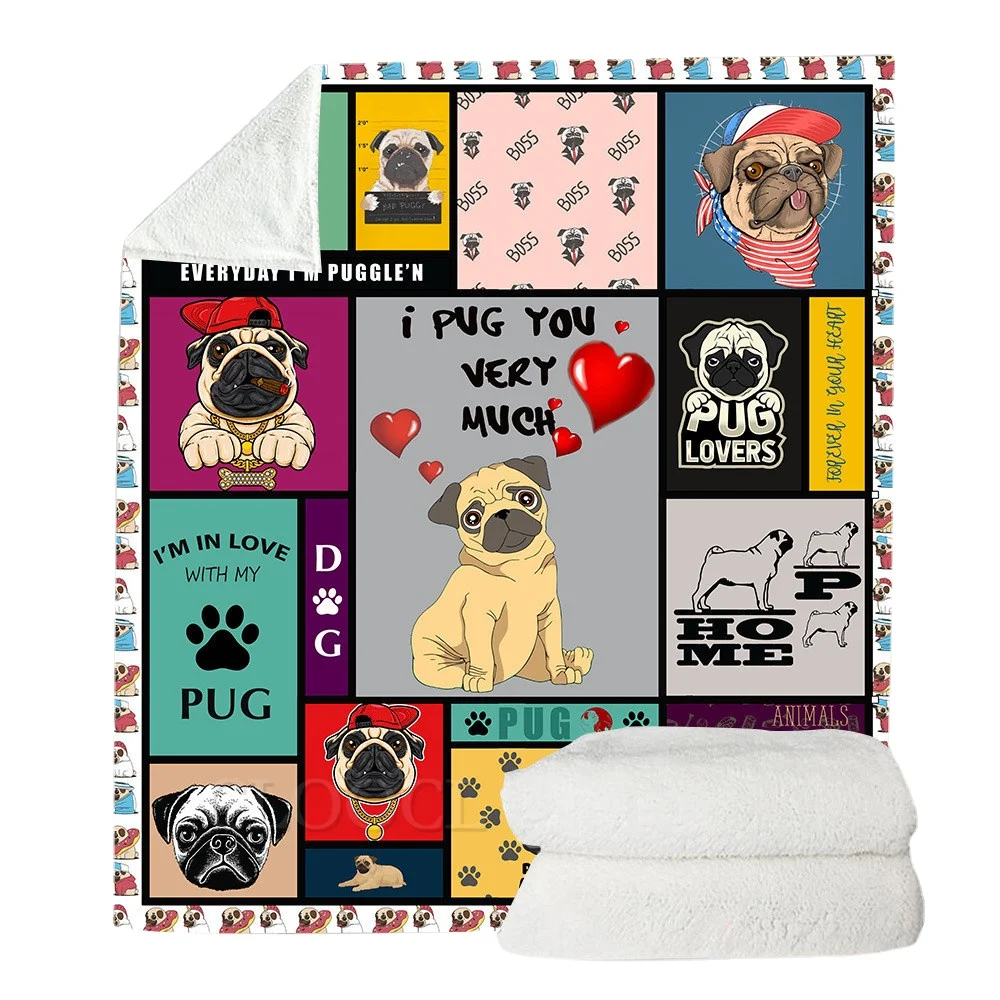

CLOOCL Pug Lovers Throw Blankets 3D Graphic Cartoon Pugs Printed Double Layer Blanket Fashion Funny Plush Quilts