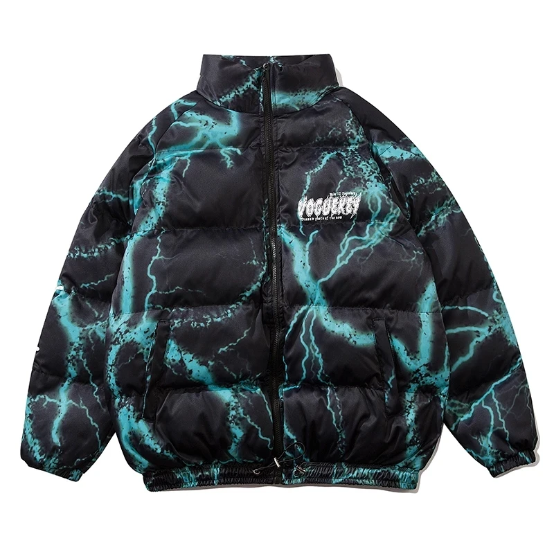 

High Street Lightning Printing Parkas Men Cotton-padded Winter Vintage Warm Oversized Outerwear Fashion Couples Down Jacket
