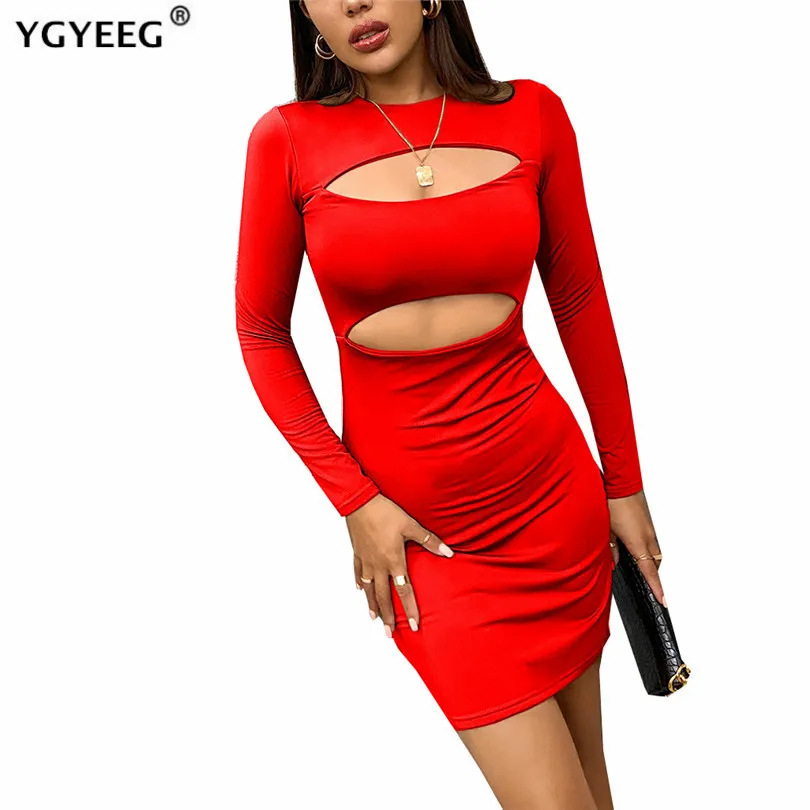 

YGYEEG Spring Women Dress Black Long Sleeve Sexy Lady Bodycon Hollow Short Party Night Club O-Neck Low-Cut Mini Clothes Vestido