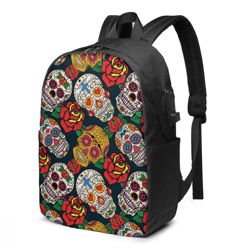 

Mexican Sugar Skull With Rose Women Men Backpack USB Charge School Bag For Girl Boy Travel Laptop Bookbag Daypack