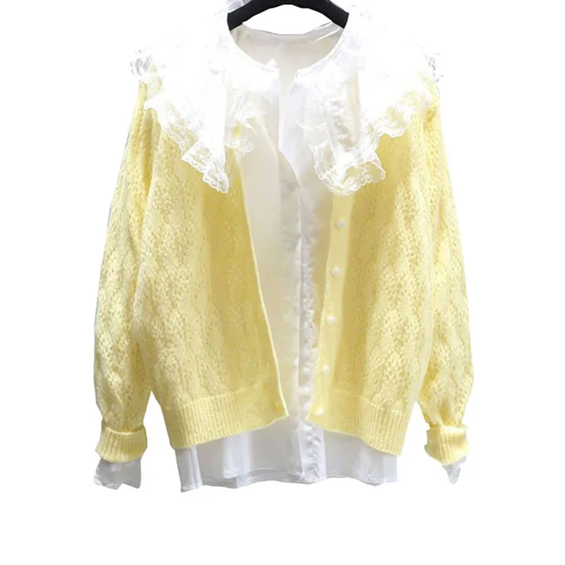 

New Autumn Sweater Suit Women 2020 Ladies Knit Two Piece Set White lace shirt And Cardigan Coat Chic Outer Wear Women Top