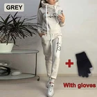 Зимний спортивный костюм из 2 предметов с принтом, Женский флисовый Топ с длинным рукавом, толстовка с капюшоном и спортивные штаны, женские толстовки с перчатками для бега