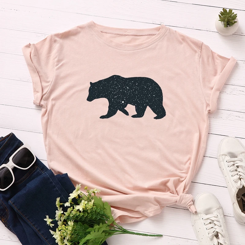 

Cartoon Women 100% Cotton T-Shirt Top Graphic Tee Female Short Sleeve Tops Tees Animal Bear Print Funny Shirts Streetwear