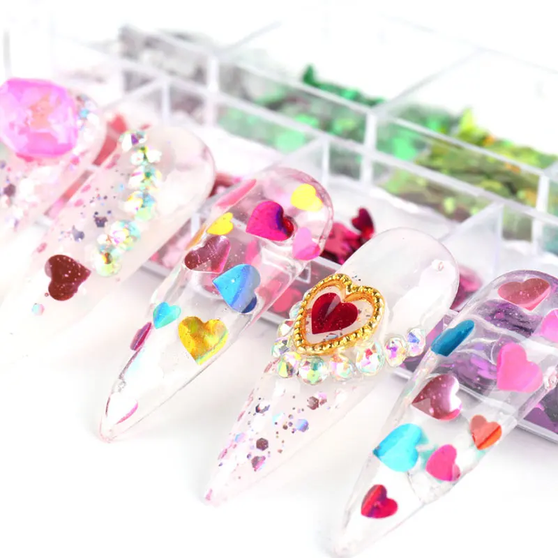 

12 Grids Nail Glitter Nail Accessories Manicure Tips Mix Color Nail DIY 3D Nail Decoration Glitter Heart Pattern Nail Sequins