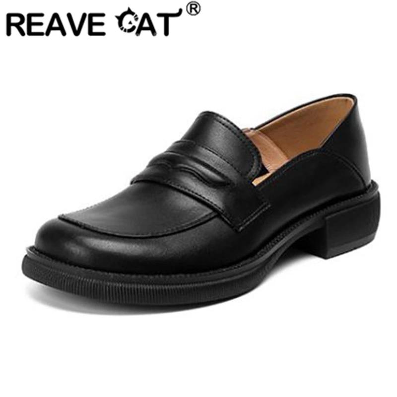 

Женские офисные туфли-лодочки REAVE CAT, весенние однотонные туфли из воловьей кожи на плоской подошве с круглым носком и без застежки, большие ...