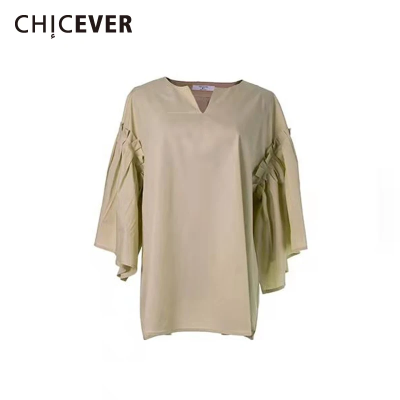 

CHICEVER Solid Patchwork T Shirt For Women V Neck Three Quarter Sleeve Ruched Pullover T Shirts Female Fashion Clothing 2021 New