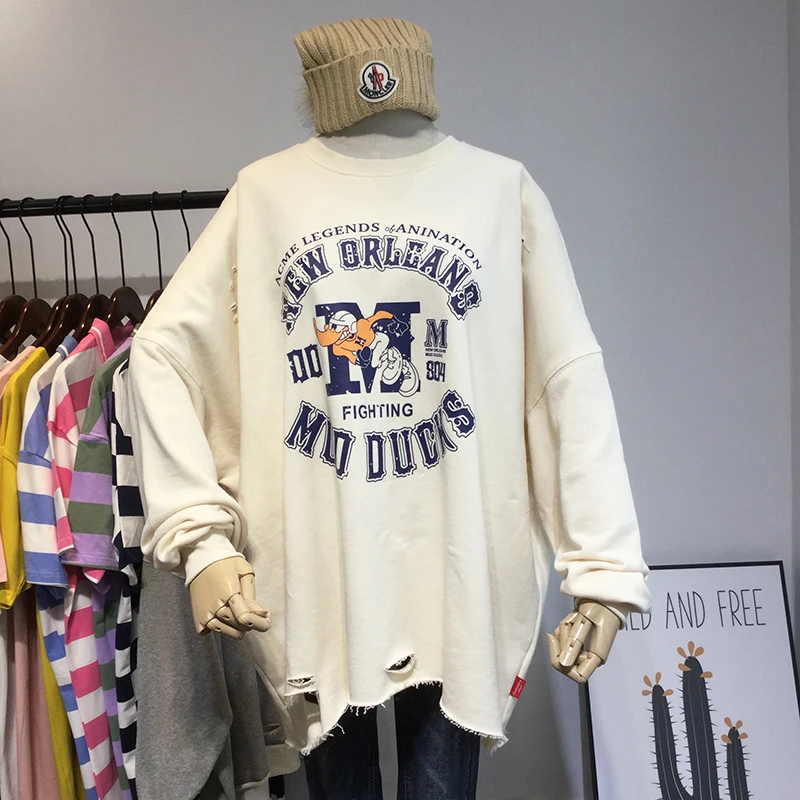 Модная женская индивидуальная рваная Толстовка свободного кроя в стиле хип-хоп