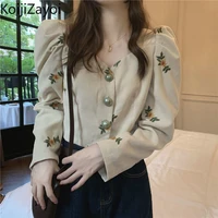 koijizayoi corduroy floral blouse women korean fashion spring autumn shirt thick long sleeves cropped chic single breasted blusa