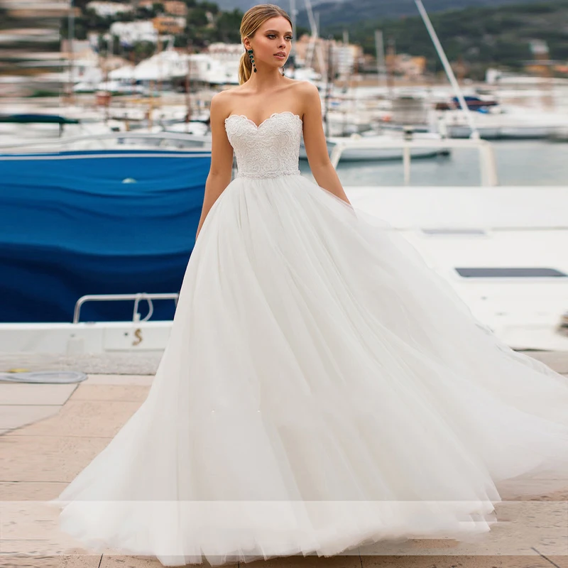 

Bead Cheap Vogue Ball-Gown Wedding Dress 2022 Strapless Sweetheart Lace-Up Tulle Appliques Vestido Novia