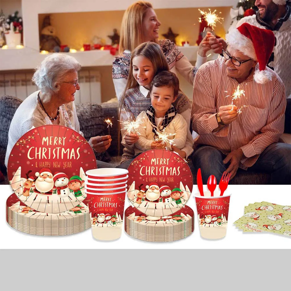 

118PCS Christmas party disposable tableware set, Christmas paper cups, paper plates, Blatki table decoration tableware set