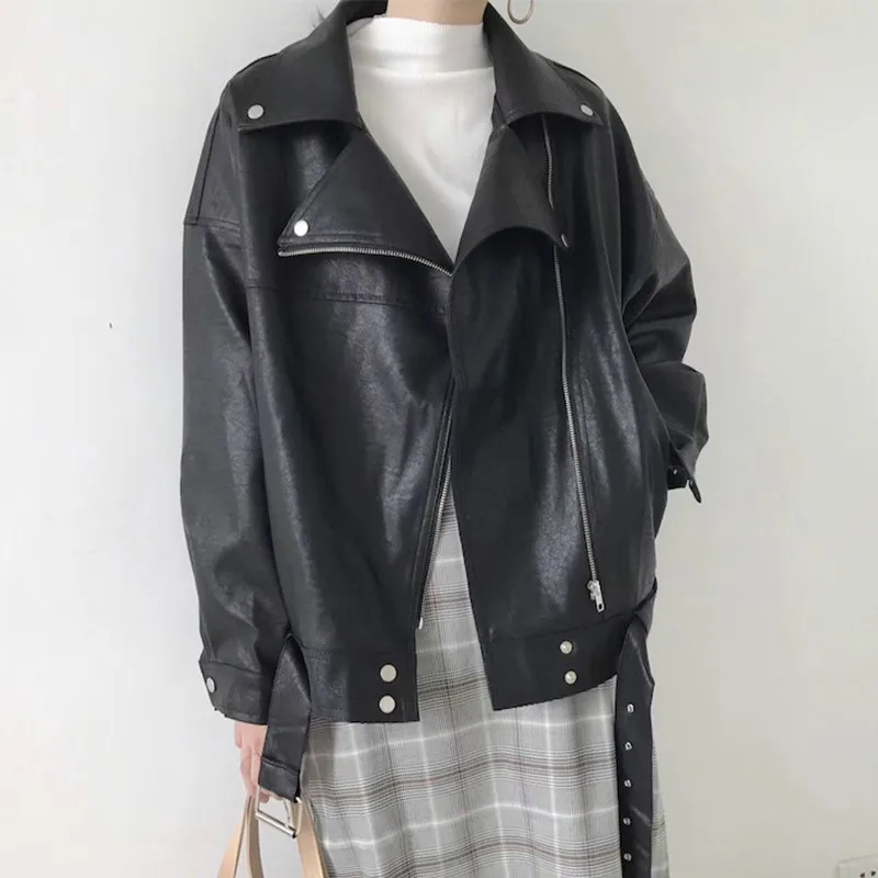 Уличная байкерская куртка Женская Повседневная кожаная с отложным воротником