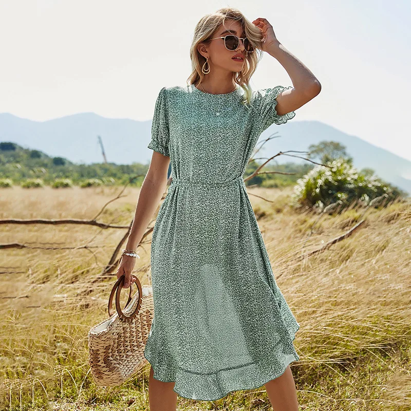 

Elegant Dot Print Short Sleeve Dresses Casual O Neck Chiffon A LIne Women Dress Vintage Party Midi Vestidos Bohemian Dresses