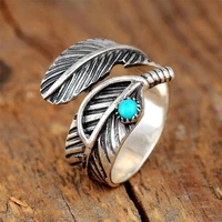 retro feather shape inlaid gemstone mens and womens rings fashion adjustable opening jewelry accessories