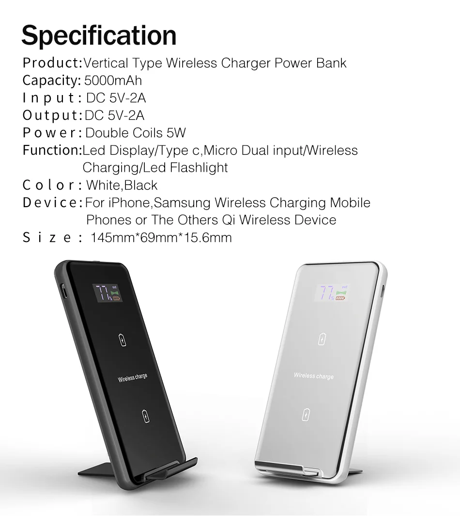 YKZ 5000mAh Qi Беспроводное зарядное устройство Powerbank для iPhone X светодиодный дисплей повербанк двойной USB вертикальное Беспроводное зарядное устройство Внешняя батарея