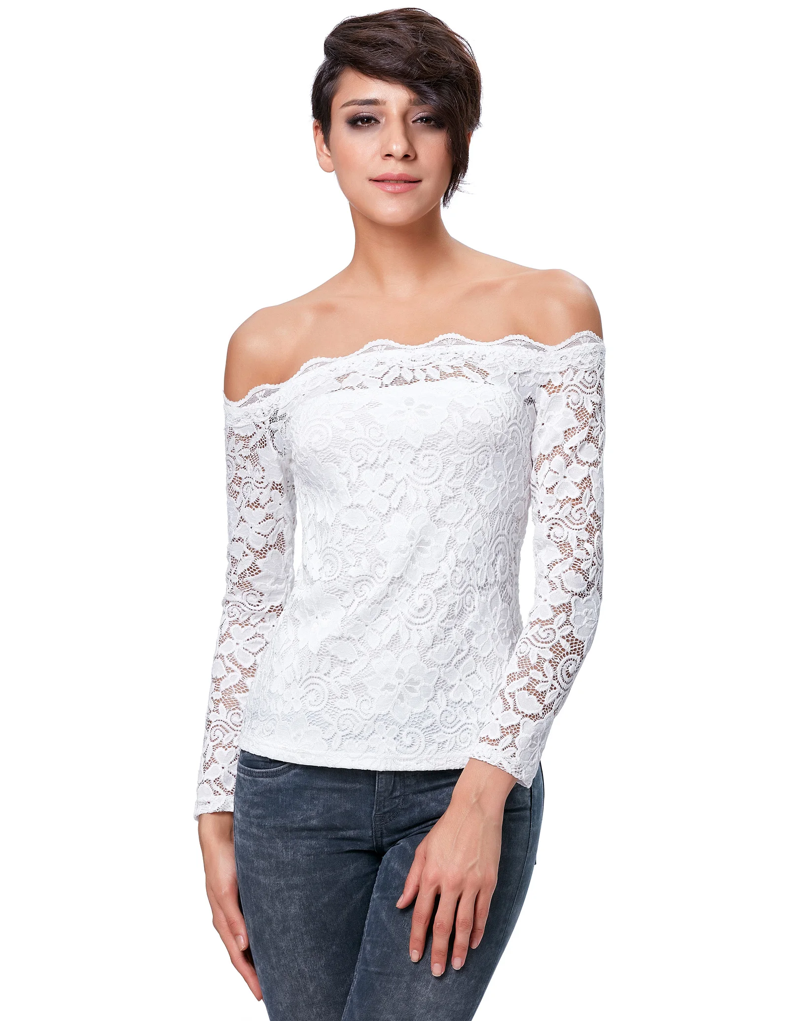 Пикантные Женские топы с длинным рукавом цветочным кружевом и открытыми плечами