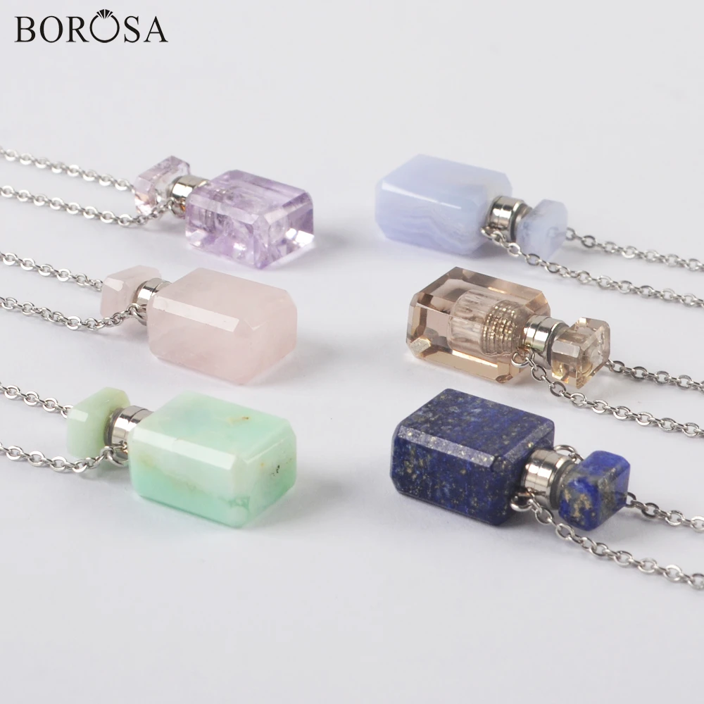 

New Gems Stones Essential Oil Diffuser Necklaces Women Silver Plated Amethysts Lapis Agates Perfume Bottle Necklace WX1754