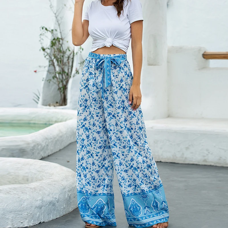 

202 women's summer new loose printed wide-leg pants belt trousers traf pantalones de mujer брюки женские shein ropa mujer