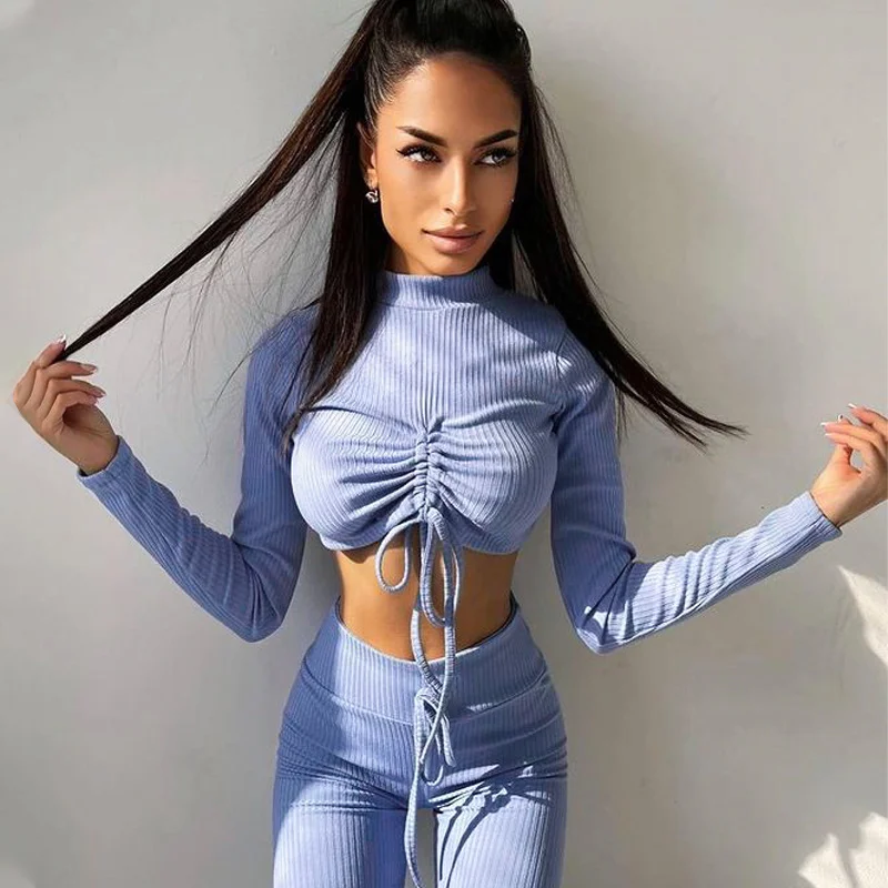

Zoctuo 2021 Autumn Winter Women Ribbed 2 Pieces Lace Up Drawstring Long Sleeve Crop Top Leggings Set Tracksuit Outfit Sporty