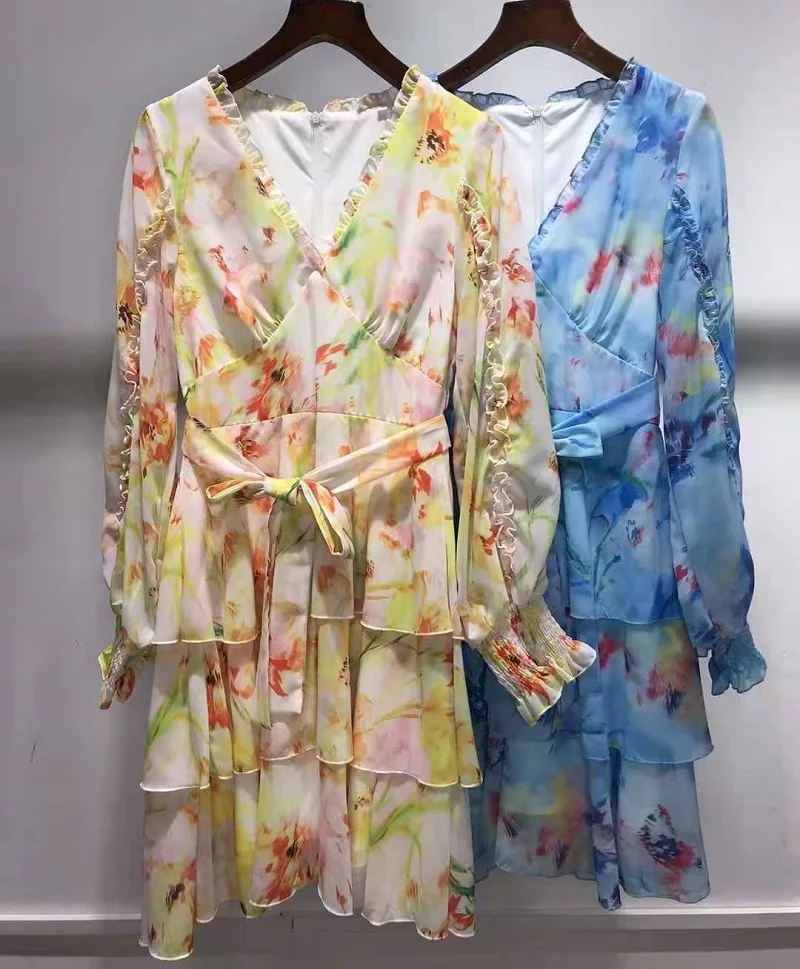 

High Quality Chiffon Dress 2021 Spring Summer Style Ladies V-Neck Sweet Floral Print Belt Deco Long Sleeve Yellow Blue Dress
