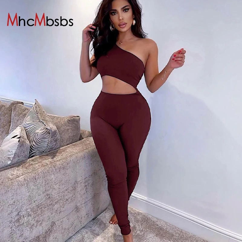 

Sexy Slant Shoulder Cut Out Jumpsuits Women Sleeveless Solid Bodycon Tracksuit Wine Red Skinny Romper 2021 Summer Sporty Outfits