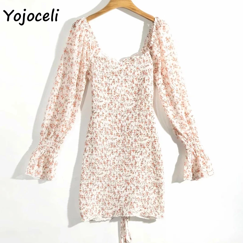 Yojoceli, сексуальное платье с цветочным принтом, гофрированное, женское, квадратный вырез, длинный рукав, тонкое, мини платье, шифоновое платье
