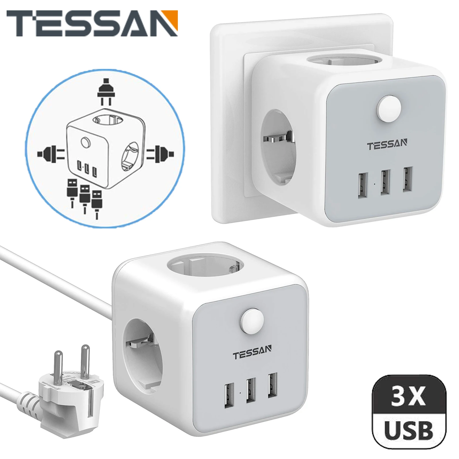 

TESSAN Multiple Sockets Cube Power Strip with 3 AC Outlets (2500W/10A), 3 USB Ports and Power Switch, 1.5M Extension Cord, Gray
