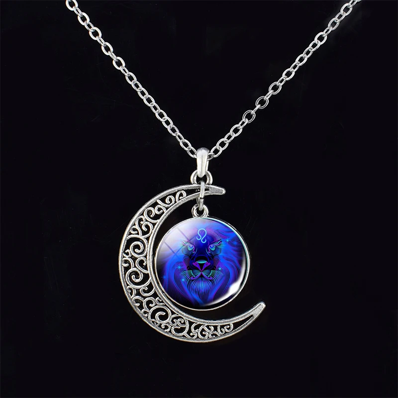 

Hollow Moon Galaxy Zodiac Signs Statement Necklaces Glass Cabochon 12 Constellation Pendant Fashion Crescent Jewelry