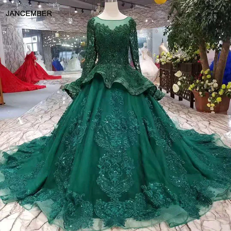 Женское вечернее платье LSS296 зеленое с длинным рукавом и О образным вырезом а