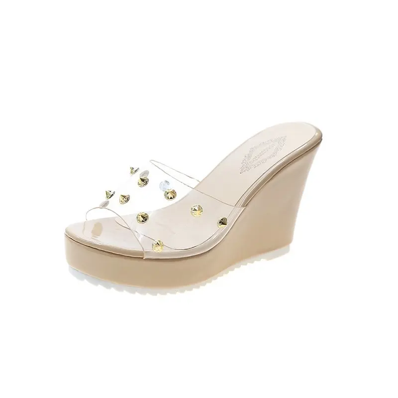 

House Slippers Platform Transparent Heel Summer Women's Shoes Pantofle On A Wedge Heeled Mules Slides 2021 High Flat PU Sexy Rub