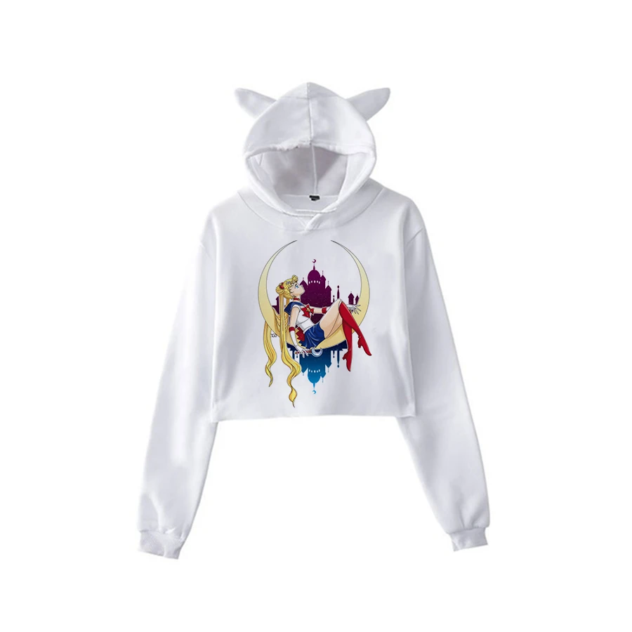 Сейлор Мун Харадзюку Толстовка корейский стиль ulzzang kawaii 90s мультфильм одежда пуловеры новые негабаритные с капюшоном уличная - Цвет: white500