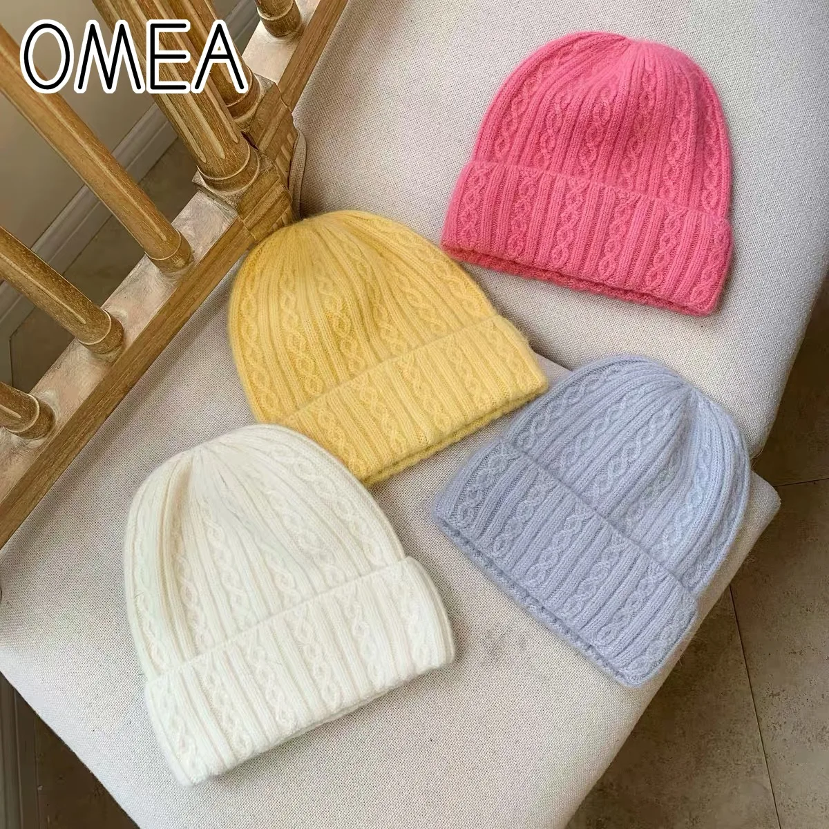 

OMEA Angora Long Rabbit Fur Twist Winter Hats for Women Beanies Soft Knitting Wool Hat Solid Fashion Falls Elegant Pink Bonnet