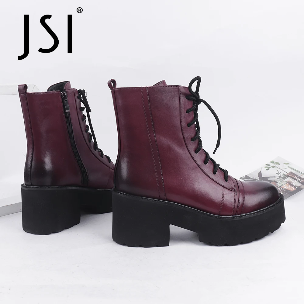 Murah JSI Sepatu Bot Pergelangan Kaki Musim Dingin Wanita Platform Tinggi Chunky Sepatu Bot Pendek Ujung Bulat Kulit Asli Wanita JC831