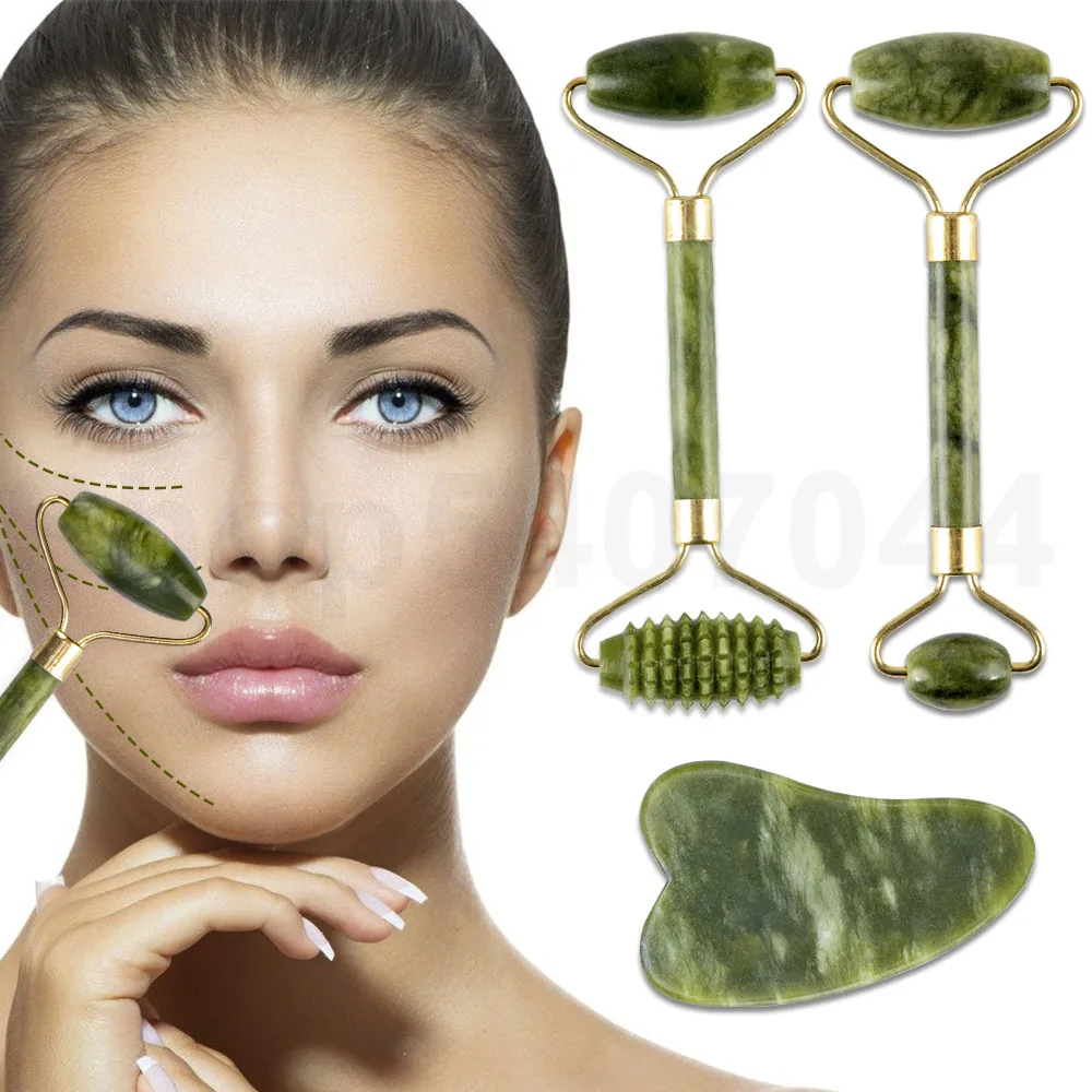 

Jade Stone Facial Massage Roller For Face Neck Natural Massager Green Guasha Scraper Set Thin Lift Beauty Slimming Tools Roller