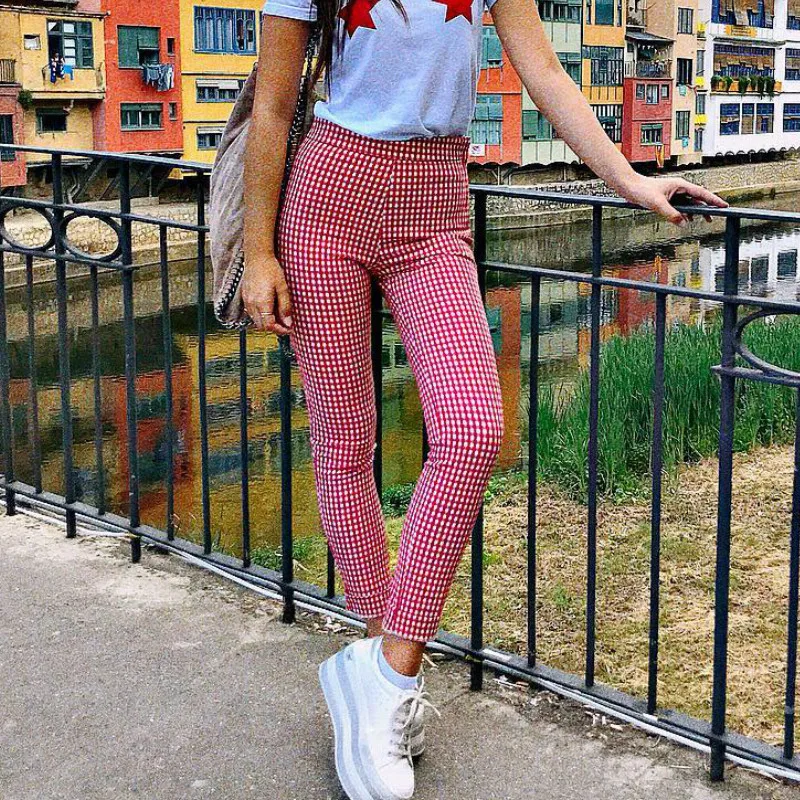 Красные клетчатые повседневные обтягивающие спортивные штаны женские леггинсы