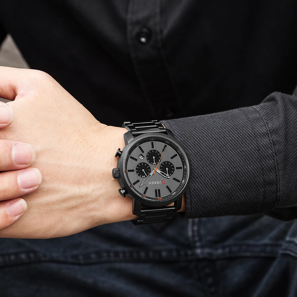 

CURREN Fashion Casual Quartz Watches Man Sport Branded Wristwatches with Chronograph Stainless Steel Band black Male Clock