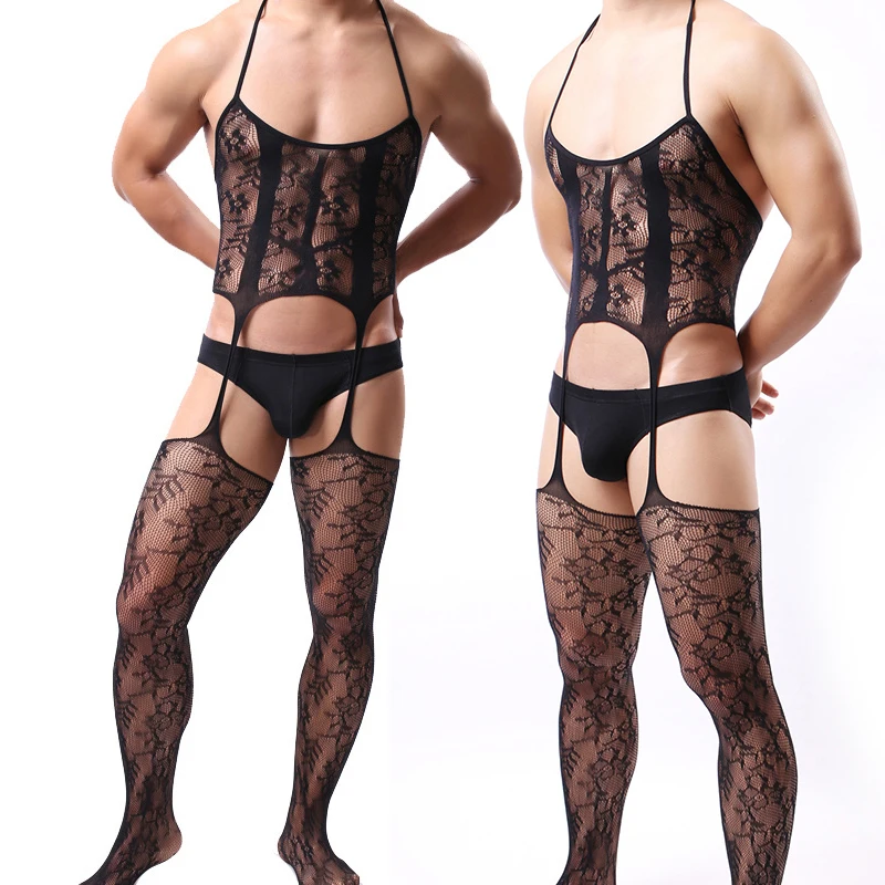

Men's Sexy Noodle Straps Hollow Out Lace Tight-fitting Jumpsuits Underwear Gym Clothing For Male Sleeveless Vest Shirts Plus