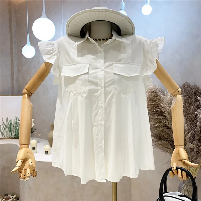 

New Women's Clothing Summer 2021 Fashion Slim flying sleeve versatile shirt casual pure color top