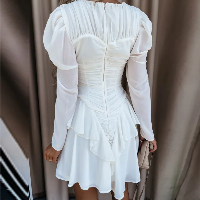 

2021 Fashion Chic Pleated Slim Waist Dress Autumn New Long Sleeve Deep V Solid Party Dress Women Casual Button Ruffle Mini Dress