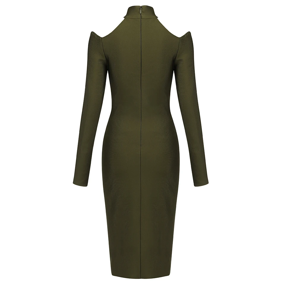 

Free Shipping 2021 New Army Green Bandage Dress Women Sexy Hollow Bodycon High Neck Club Celebrity Evening Party Vestidos