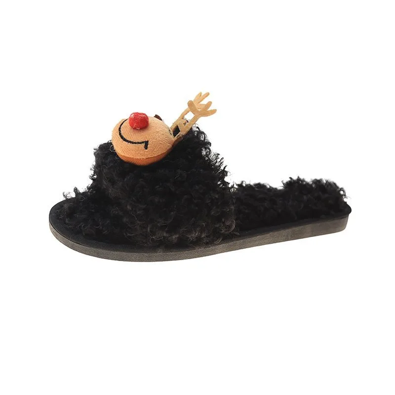 Little Elk Lamb Lady Slippers Christmas Hair Outer Wear Cotton Slippers Plush Slippers Female Home Cute Cartoon