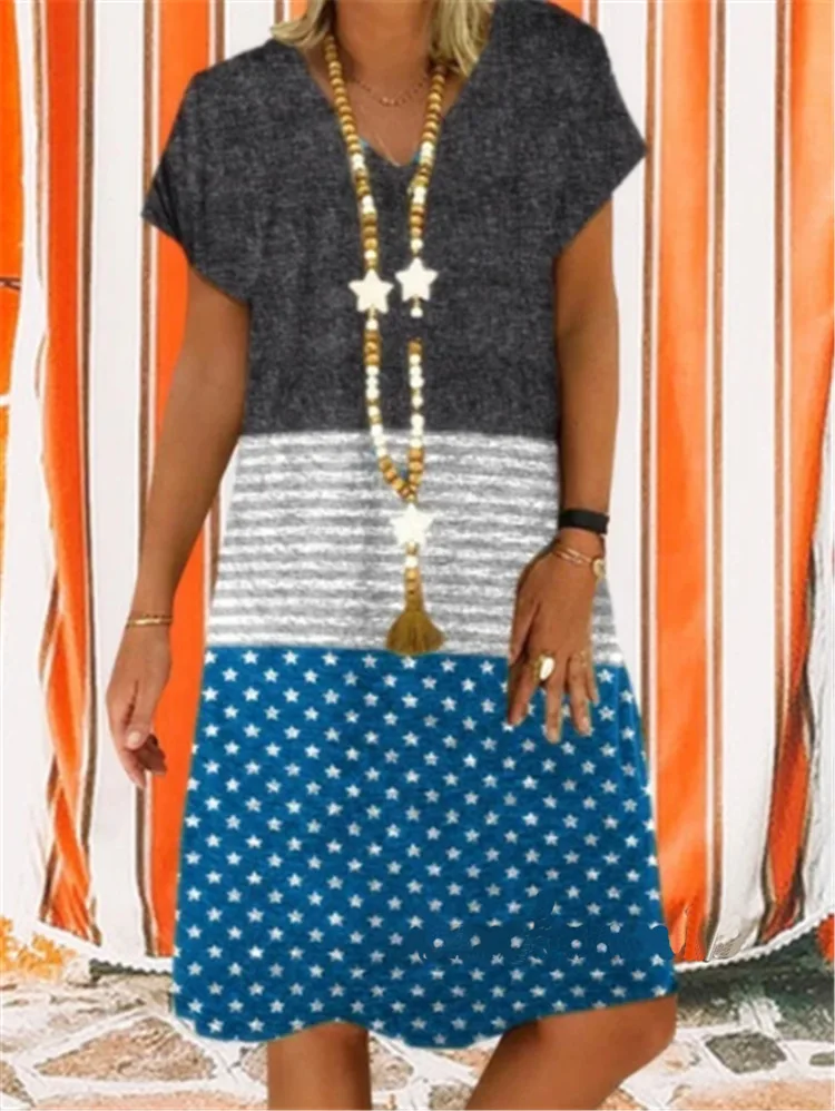 

Women Summer Dress Loose Stripe Dot print V-Neck Short Sleeves Casual Boho Dress bohemian Sundress Vestidos Party Dresses 2020