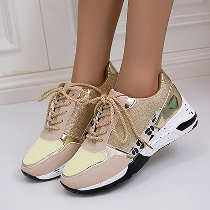 

2021 Women Sneakers Height Increasing Sequin Cloth Woman Vulcanized Shoes Leopard Air Cushion Mixed Color Plus Size 43 Casual