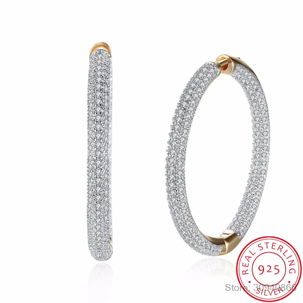 

Big Round Hoop Earrings Paved AAA Zirconia For Women Jewelry Brincos Unique Clear Rhinestone 925 sterling silver fine Jewelry