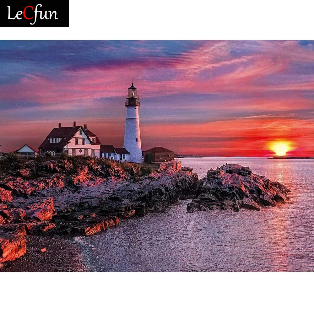 

LeCfun DIY Diamond Painting Full Round Square Drill Paint with Diamonds Kits 5D Art Wall Decor The Seaside Lighthouse