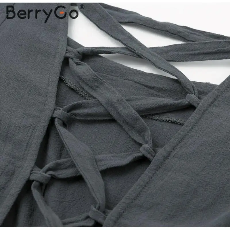 BerryGo женское Хлопковое платье на шнуровке с открытой спиной, элегантное платье с рукавами-фонариками, женское повседневное осеннее короткое платье для вечеринок