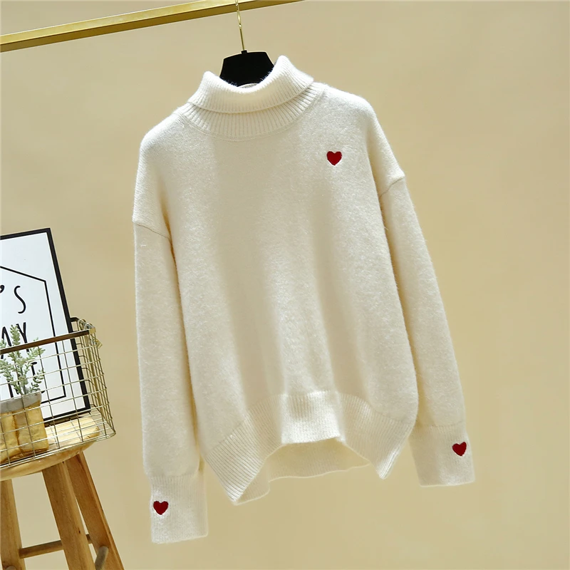 Свитер с вышивкой love воротником-хомутом Осень-зима 2018 плотный вязаный пуловер