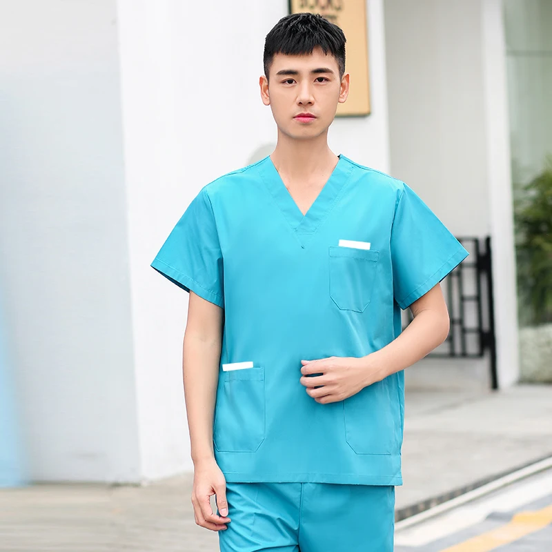

[set]US Size Men Medical Uniforms Solid Colour Hospital Short Sleeve Scrub sets Breathable V Neck Shirt Mini Pockets Nursing