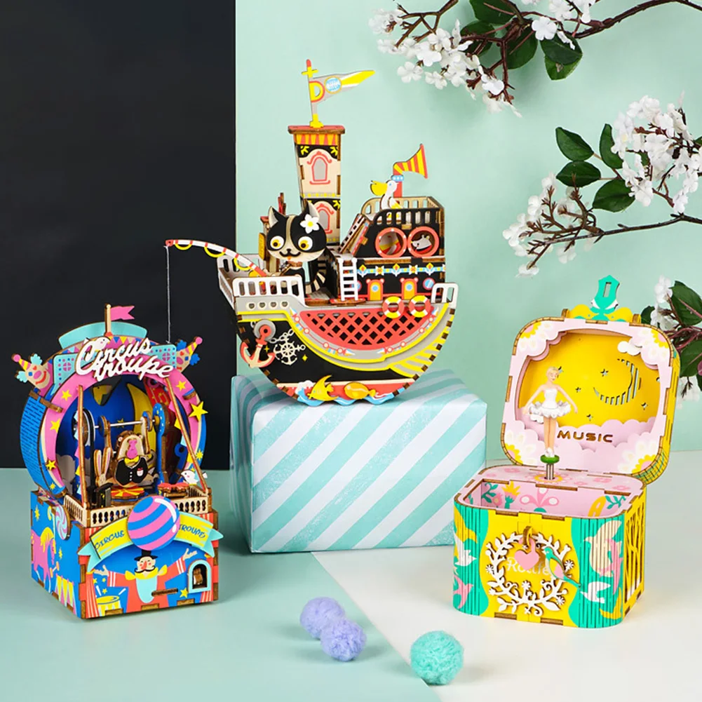 DIY деревянная музыкальная шкатулка веселый круглый карусель домашний Декор