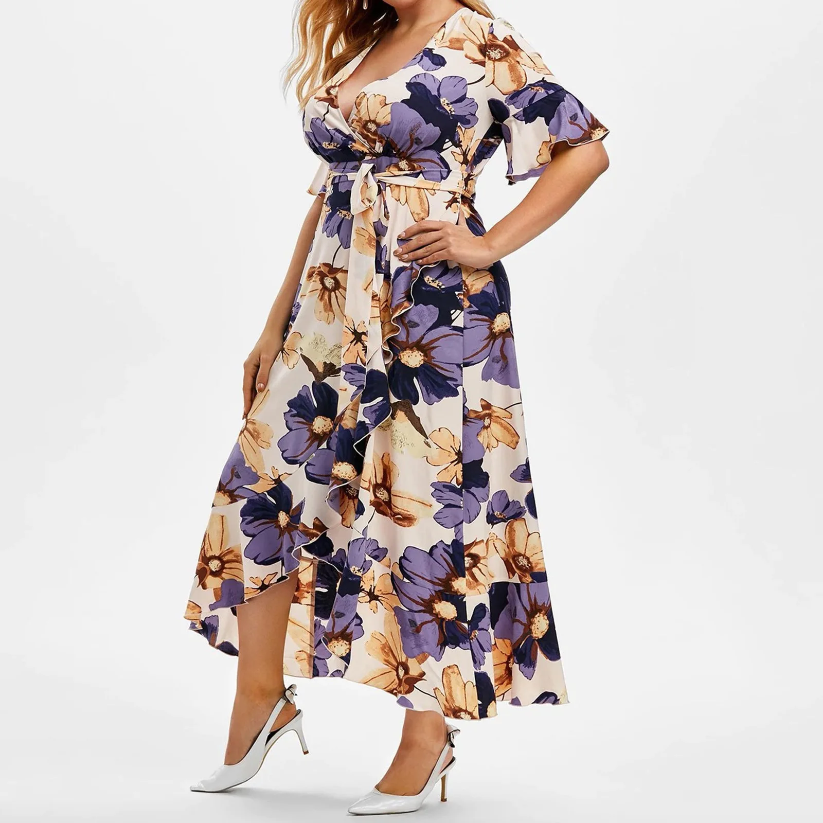 

New V-neck women flower print Summer dress Lotus leaf skirt 5 size pick